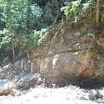 Max Target upper elevation zone 742 meter exposed and channel sampled( blue paint) high grade semi to massive sulphide beds and veins, including a one meter sample grading 1006 g/t silver (August 9, 2017 PR)